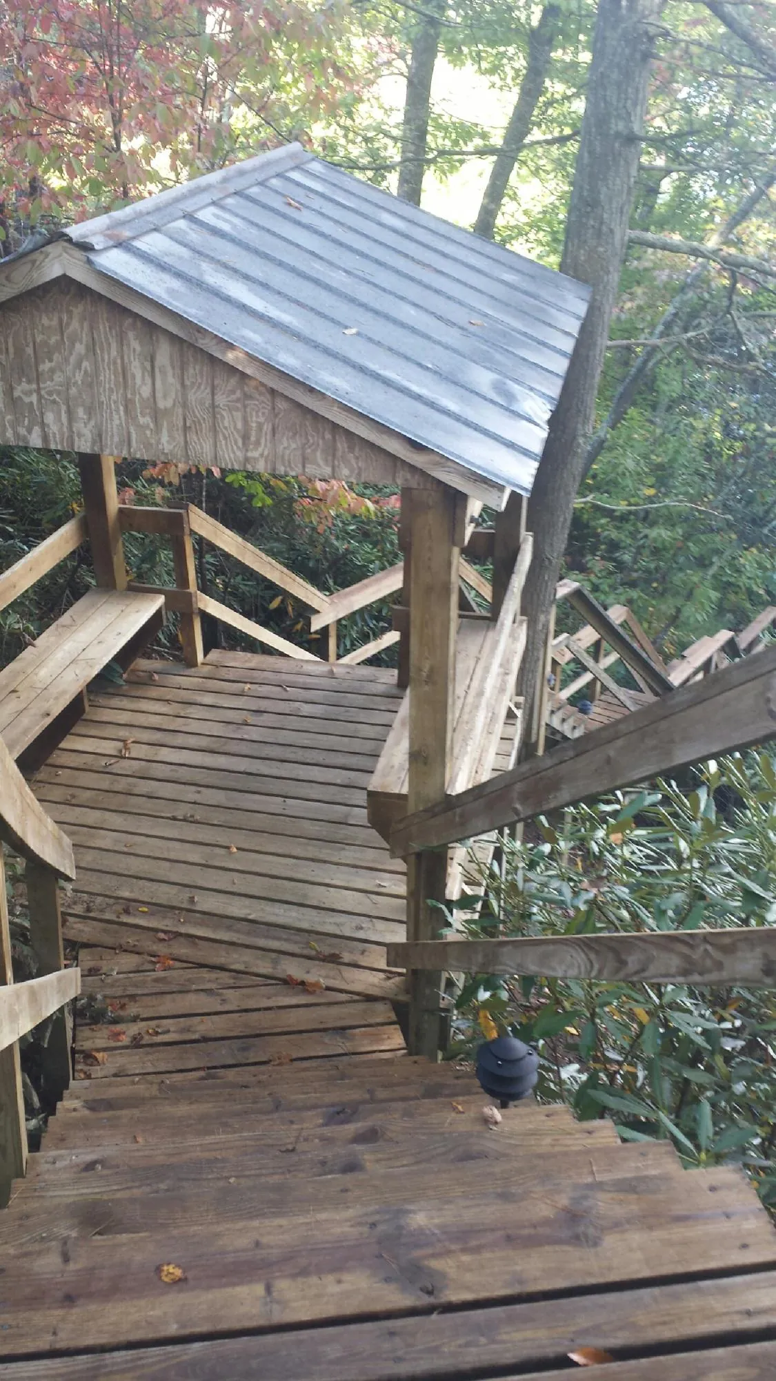Metal roofed shelter over wooden steps on a wooded walkway — Skylight Repair & Installation work by our crew in Roosevelt